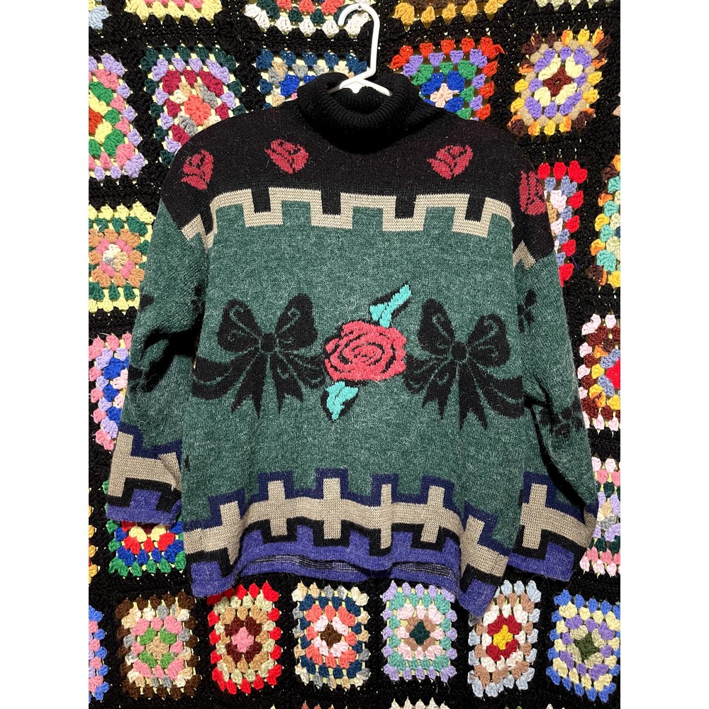 Vintage Kitty Hawk Wool Mock Neck Sweater Rose and Ribbons